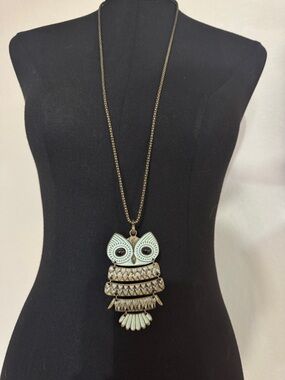 Mint and Antique Gold Owl Pendant Necklace